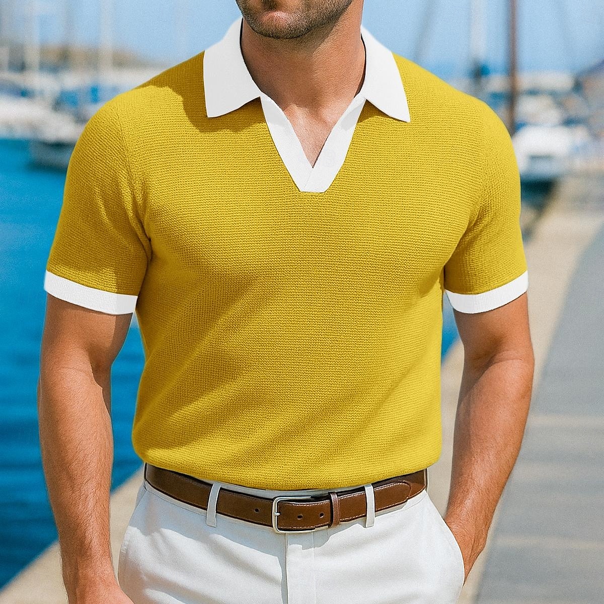 Men's Polo Shirts Golf Shirt Vacation Holiday Lapel Ribbed Polo Collar Short Sleeve Basic Modern Color Block Patchwork Buttons Summer Spring & Summer Regular Fit Yellow Navy Blue Blue Green Polo 2025 - $23.99 –P1