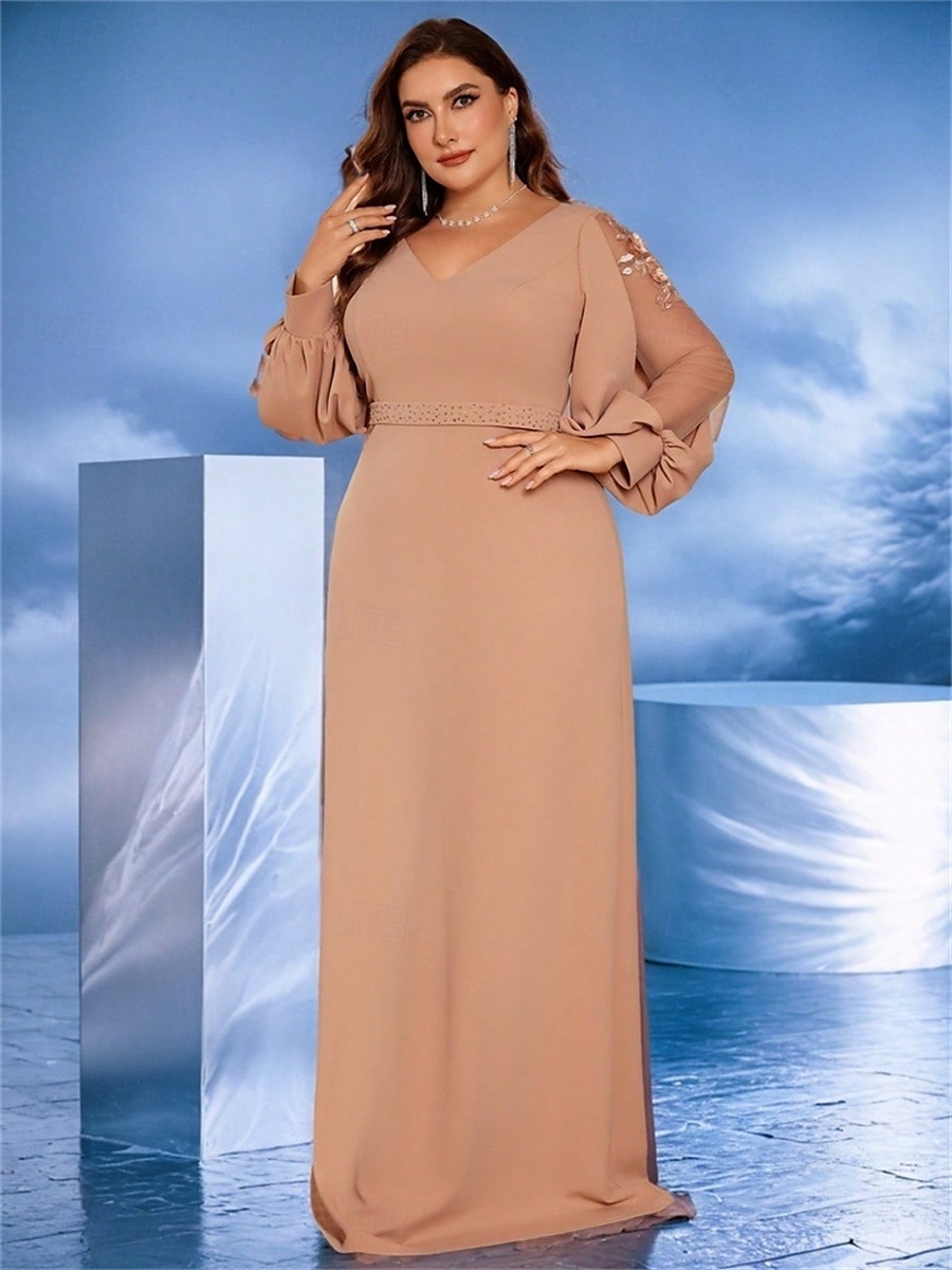 A-vonalú Plus Size Ruhák Elegáns Görbületű Ruha Formális Esküvő Padló Hosszú Hosszú Ujjú V Nyakú Chiffon Gyöngyökkel 2025 - $109.99 –P8