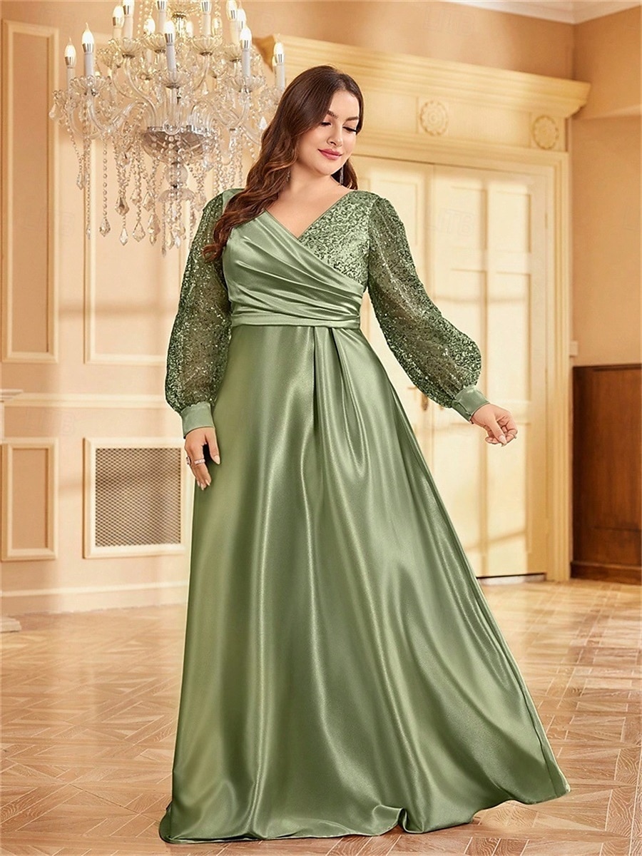 Robe A-Line Grande Taille Élégante Robe Courbe De Mariage Formelle Longue Au Sol Manches Longues Col en V En Polyester Avec Plis 2025 de 2025 ? $119.99 –P4