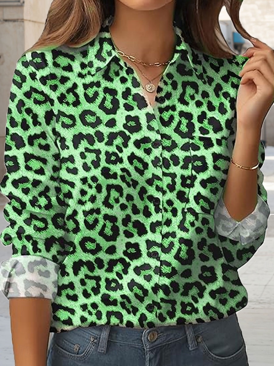 Dame Skjorte Grafisk Leopard Årgang Stilfull Fritid Langermet Skjortekrage Vanlige topper Arbeid Daglig Ferie Knapper Lomme Trykt mønster Blå Lilla Brun Grønn Vår Høst 2025 - $32.99 –P3