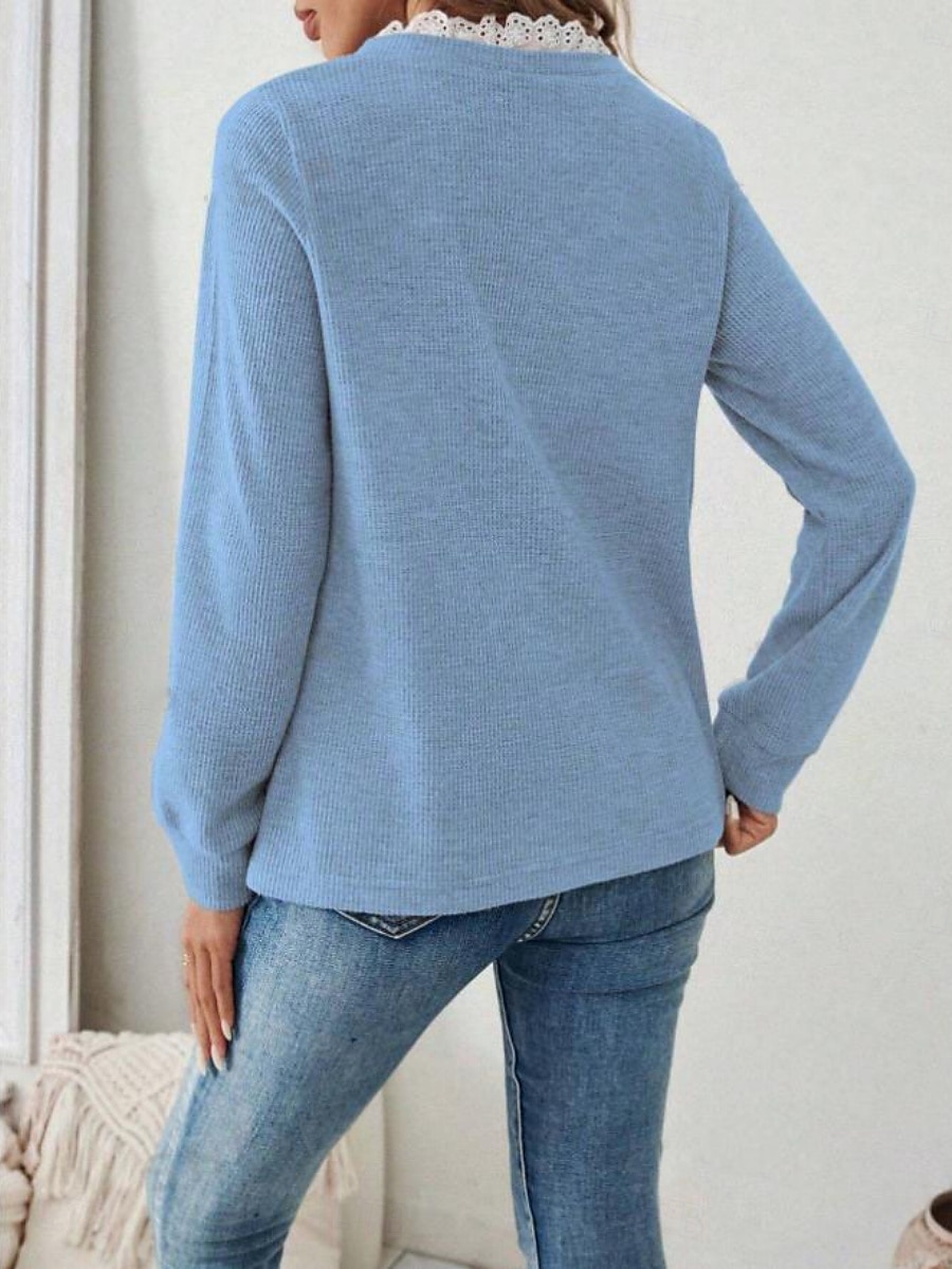 Femmes Haut d'épissage en dentelle Couleur Unie Élégant Occasionnel manche longue Col en V Hauts Réguliers Quotidien Dentelle Patchwork Noir Blanche Bleu Beige Gris Printemps Automne Hiver de 2025 ? $26.99 –P2