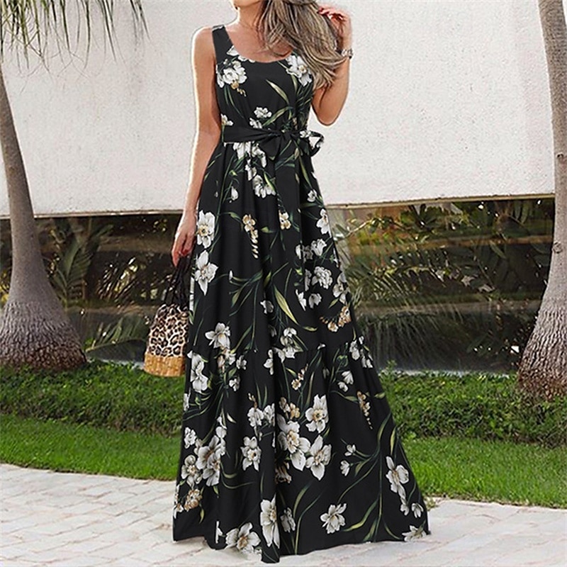 Damen Langes Kleid Maxikleid Freizeitkleid Schwingkleid Sommerkleid Unterkleid Elegant Mode Modern Täglich Strand Wochenende Normale Passform Blume Ärmellos Rundhalsausschnitt Schwarz und Wei 2025 - $20.99 –P6