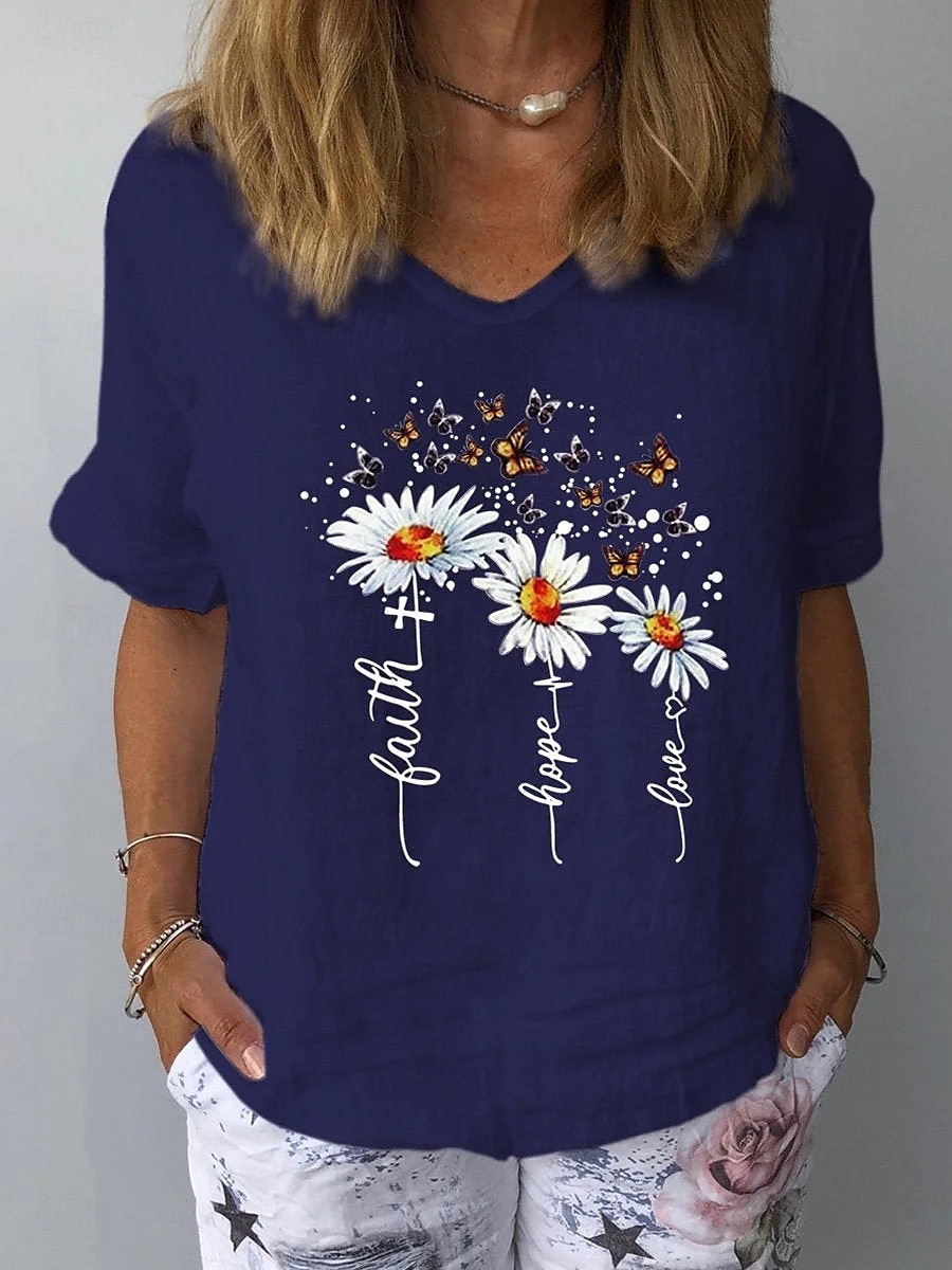 Femmes T-shirt Fleuri Graphique Plantes ancien Élégant Classique Manche Courte Col en V Hauts Réguliers Quotidien Week-end Imprimé Blanche Jaune bleu marine Bleu Gris Été de 2025 ? $19.99 –P5