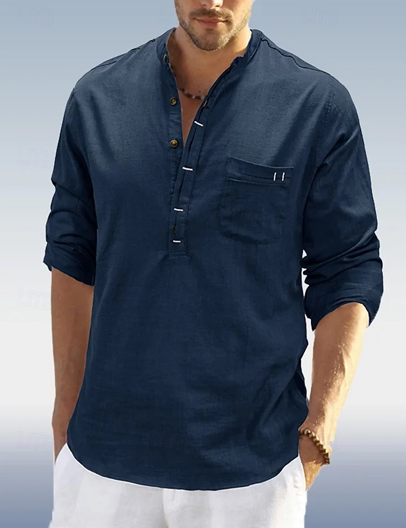 Per uomo Camicia Camicia di lino Camicia con colletto alla coreana Camicia popover Camicia Estiva Abbigliamento da spiaggia Semplice Vacanza Quotidiano Nero Bianco Blu marino Verde Manica Lunga Henley del 2025 a $22.99 –P5