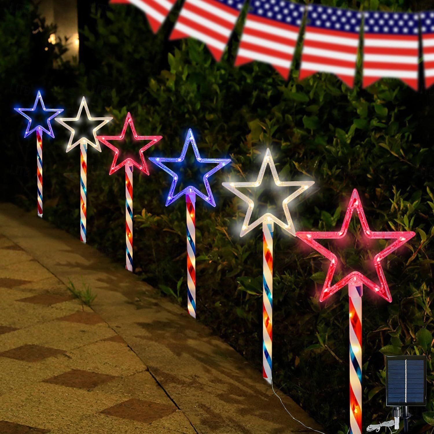 1 Pacco Luci Solari da Giardino Patriottiche 6 LED Impermeabili Rosso Bianco Blu Luce a Stella a 5 Punte 4 Luglio Giorno dell'Indipendenza 250° Anniversario Giorno della Memoria per Festa Giardino del 2026 a $26.99 –P12