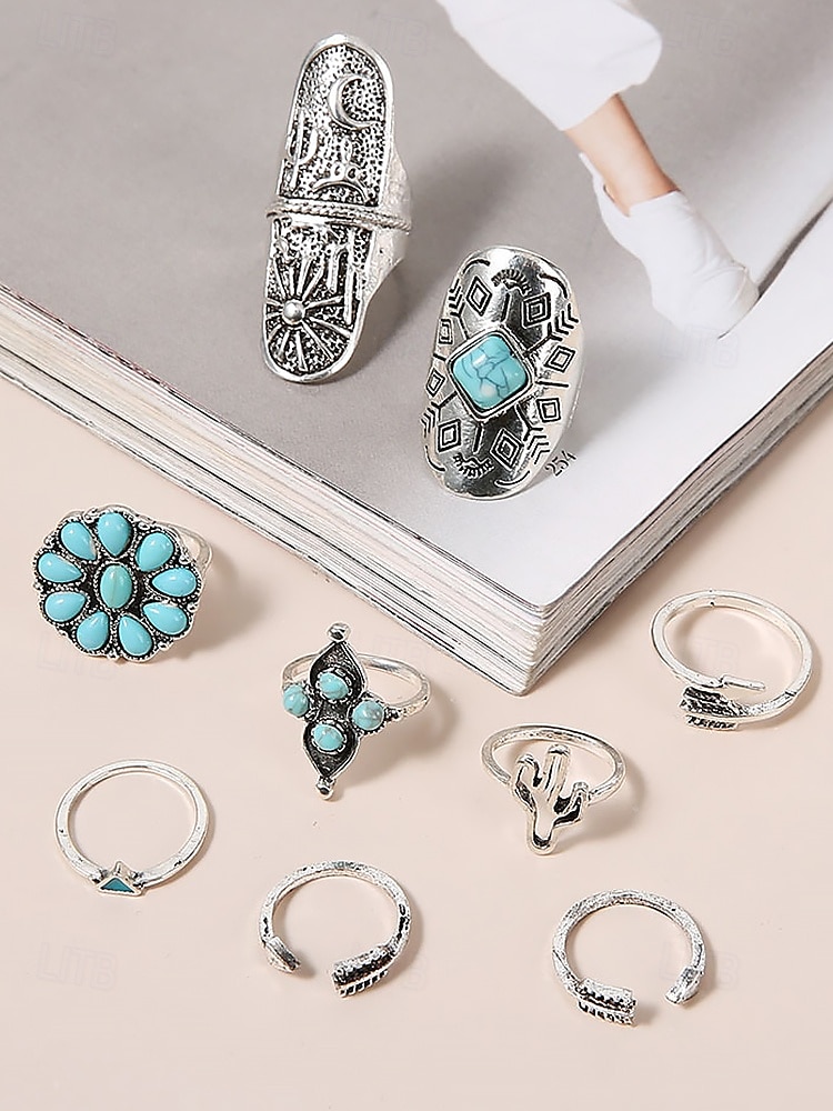 Women's Boho Vintage Turquoise Ring Set – 9-Piece Antique Silver Adjustable Midi Rings for Gypsy Festival, Beachwear and Casual Styling 2025 - $11.99 –P5