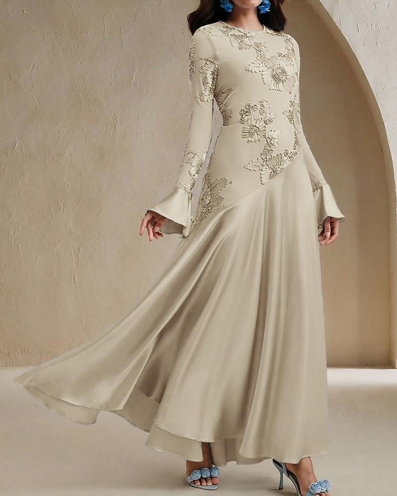Blauer Bogen Spitze A-Linie Abendkleid Elegantes Kleid Formelles Hochzeitskleid Bodenlang Lange Ärmel Rundhals Stretchmaterial 2025 - $135.99 –P5