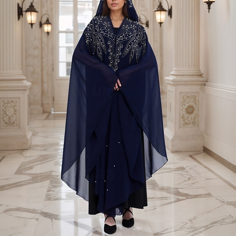 Femmes Robe Longue Maxi Robe Robe Décontractée Robe bohème Robe occidentale Mode musulman Extérieur Soirée Fête Coupe régulière Uni manche longue À capuche bleu marine Printemps Automne de 2025 ? $26.99 –P2