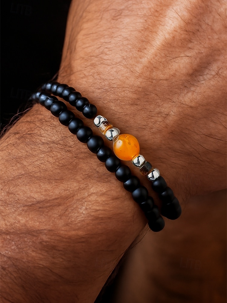 Men’s Natural Stone Beaded Bracelet Set, Matte Black and Tiger Eye Beads with Yellow Accent, Minimalist Style for Business, Casual and Gift Occasions 2025 - $9.99 –P2
