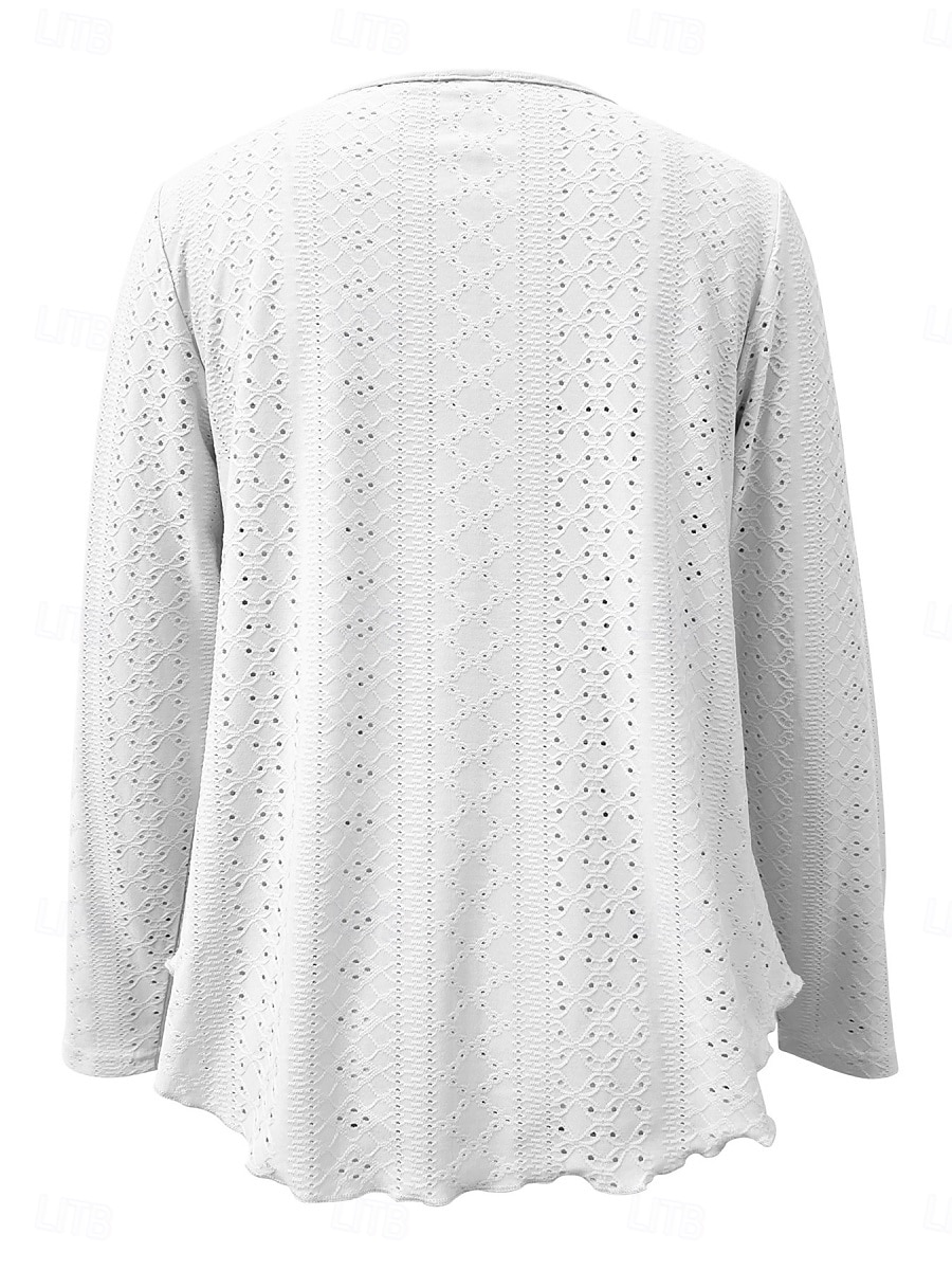 Women's Blouse Solid Color Basic Casual Long Sleeve V Neck Regular Tops Daily Eyelet Black White Pink Khaki Summer 2025 - $17.99 –P7