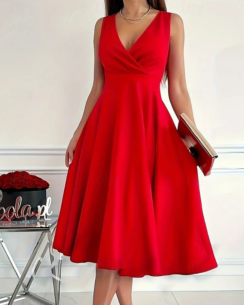 Femmes Robe Midi Robe d'été Mode Moderne Extérieur Vacances Quotidien Coupe régulière Uni Sans manches Col en V Noir Rouge Bleu Été de 2025 ? $22.99 –P1