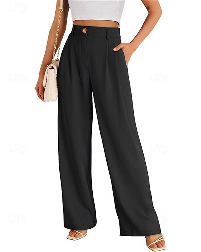 Dam Brett skaft Byxor Streetwear Ledigt Fullängd Hög midja Ensfärgat Ficka Mateial som andas Mjuk Microelastisk Semester Gata Dagliga kläder Svart Röd Brun Kaki Vår Höst Normal 2025 - $19.99 –P3
