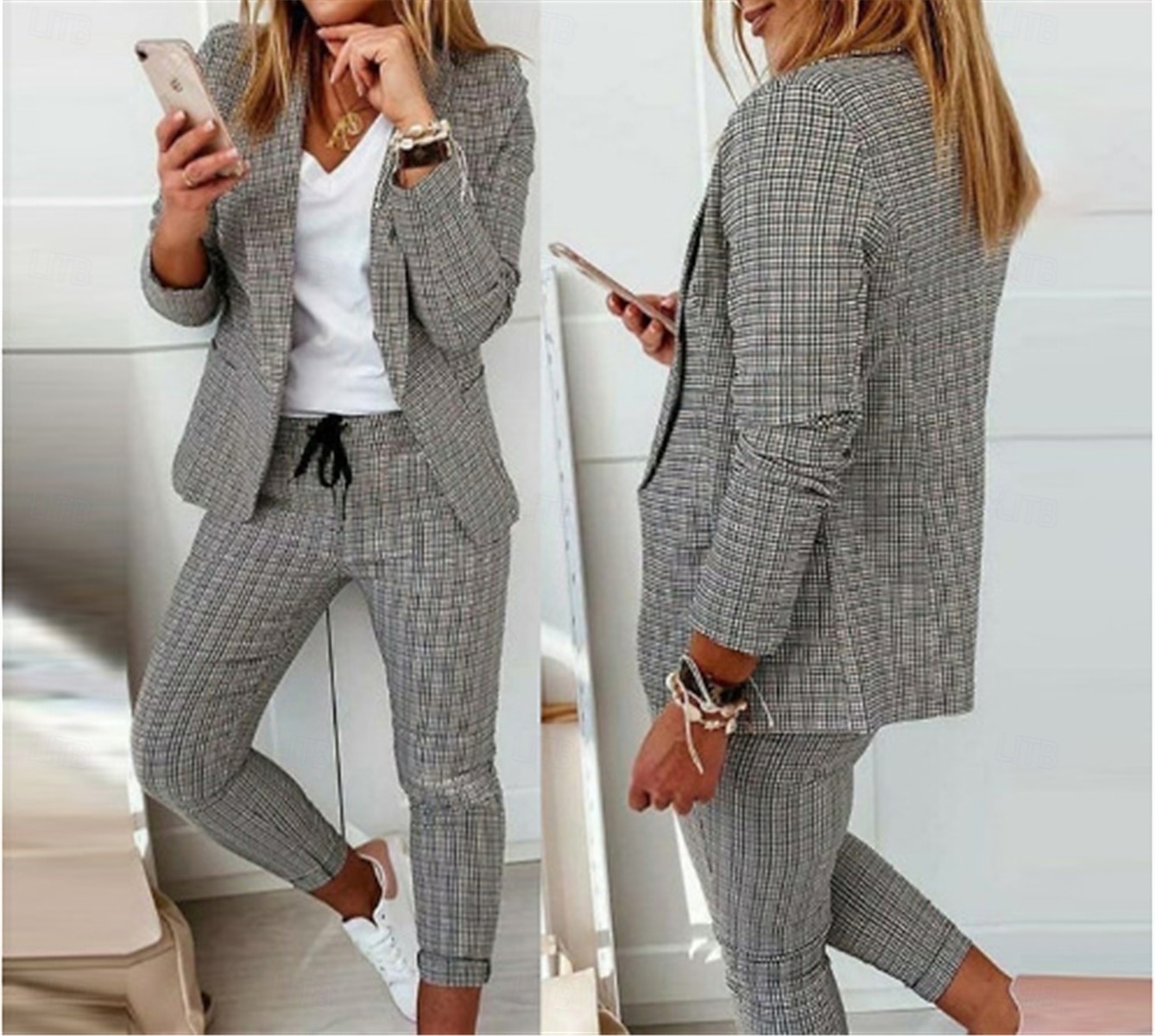 Damskie Moda Moda miejska Codzienny Garnitury marynarki Długi rękaw Kołnierzyk koszuli Kratka Nadruk Biuro Praca Czarny Rumiany róż Khaki Wiosna Regularny 2025 - $37.99 –P1