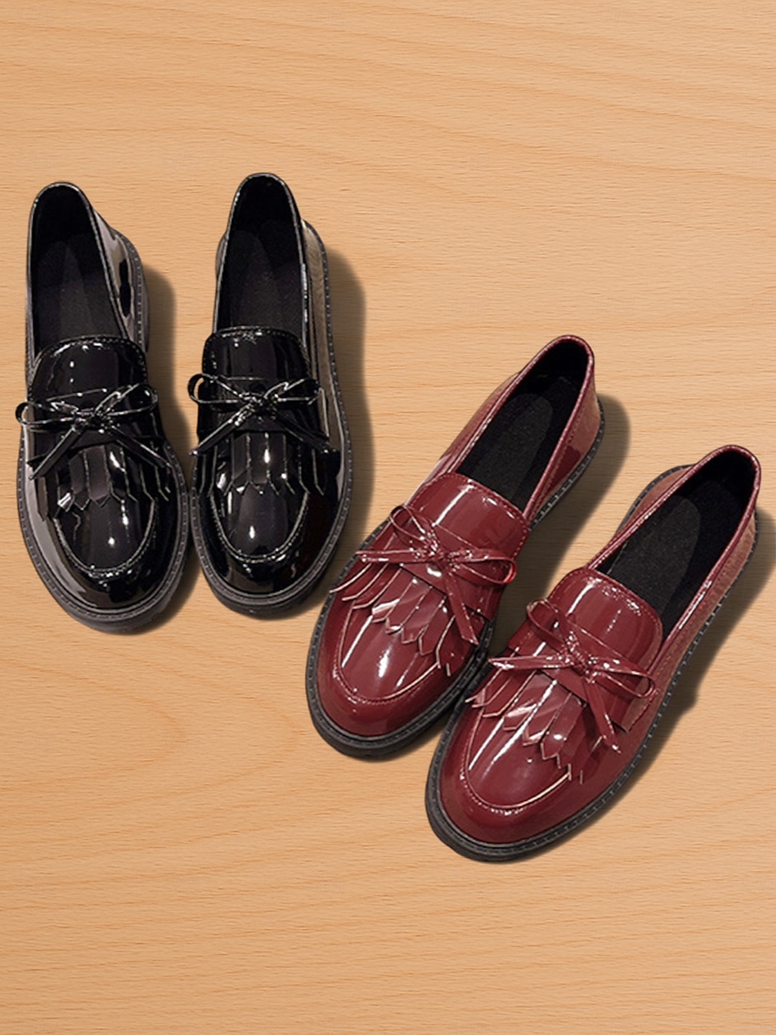 Loafers in pelle verniciata bordeaux per donna con nappa e fiocco scarpe flat vintage per uscite casual e uso quotidiano del 2026 a $29.99 –P1