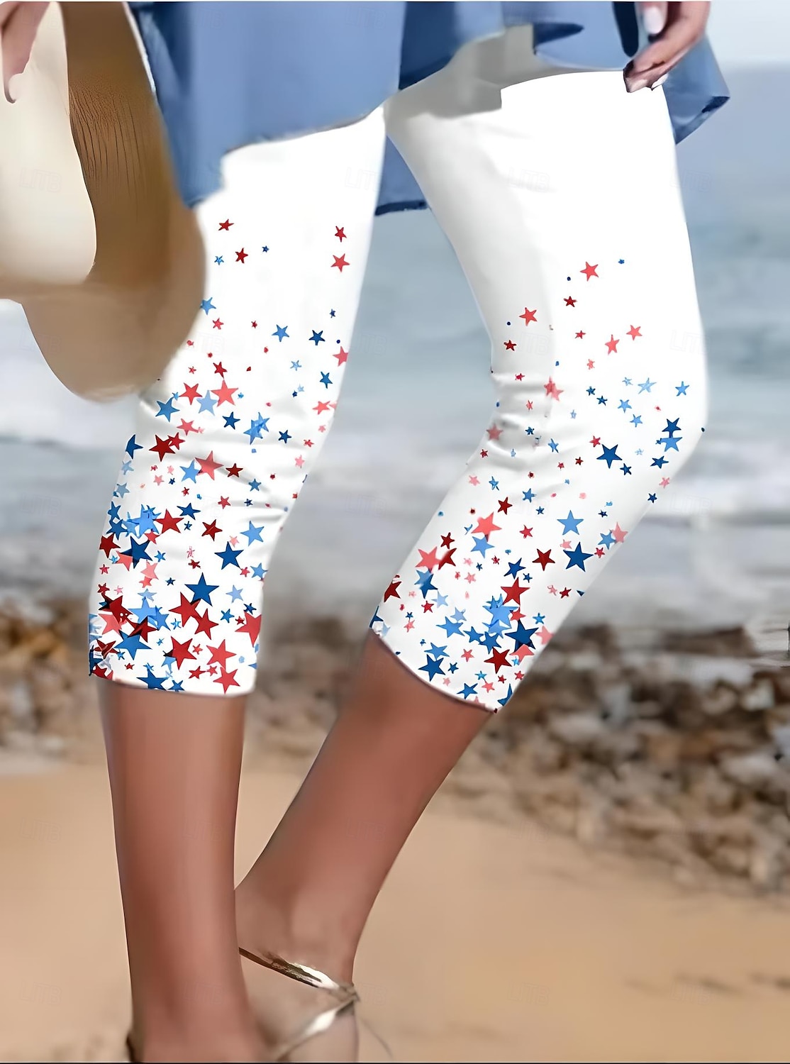 Dámské capri kalhoty legíny dovolená vintage móda do poloviny lýtek vysoký pas kalhoty americká grafika hvězda pruhovaný tisk prodyšný měkký elastický formální venkovní 2025 - $18.99 –P1