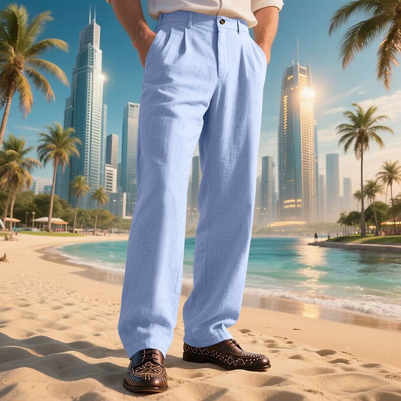 Men's Linen Pants Trousers Summer Pants Beach Pants Pocket Straight Leg Plain Comfort Breathable Vacation Daily Holiday Hawaiian Boho Black White 2025 - $25.99 –P16