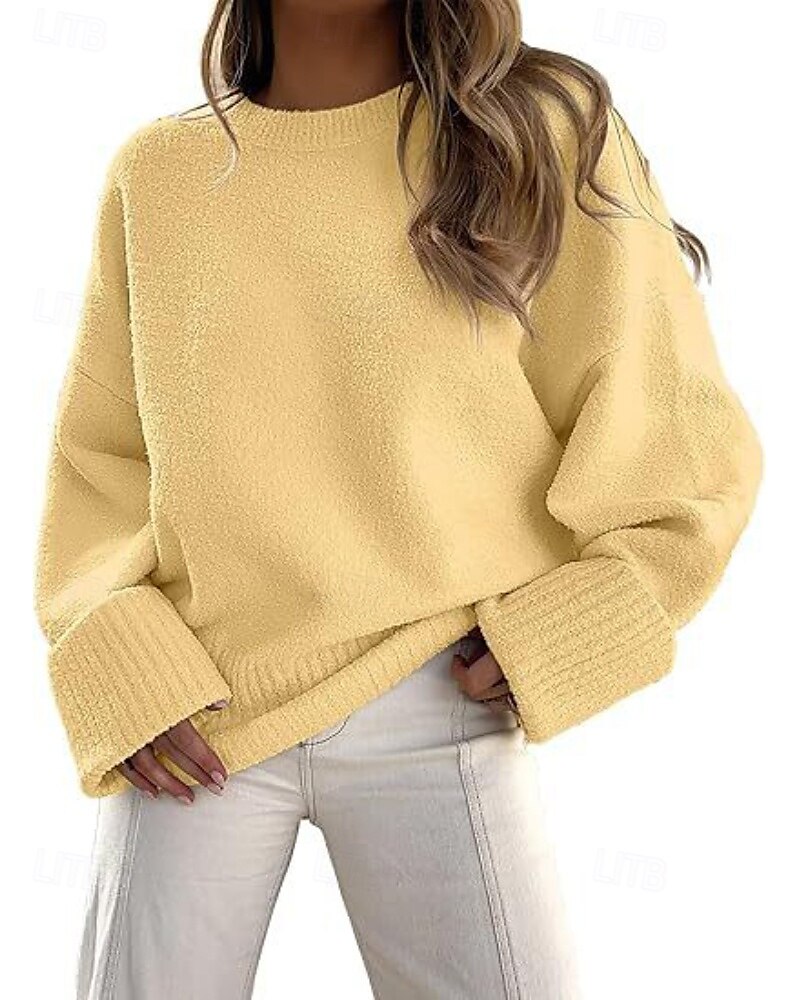 Women's Sweater Pullover Fashion Solid Color Ribbed Crew Neck Knitted Long Sleeve Regular Tops Knit Outdoor Holiday Going out Black White Fall 2025 - $28.99 –P4