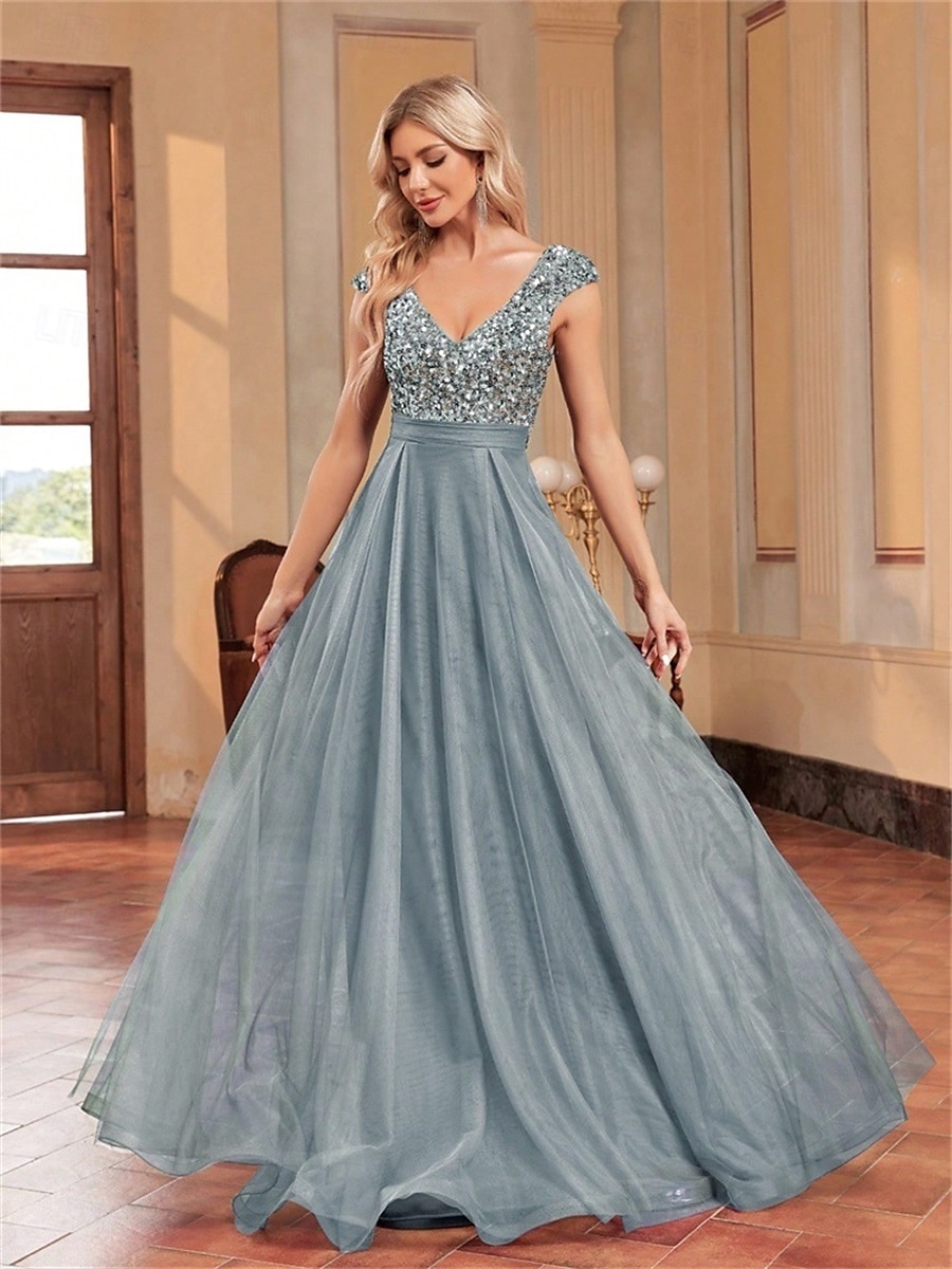 Abiti per Quinceanera A-Line elegante abito formale per matrimonio lunghezza del pavimento senza maniche scollo a V tulle con schiena a V e paillettes del 2025 a $99.99 –P2