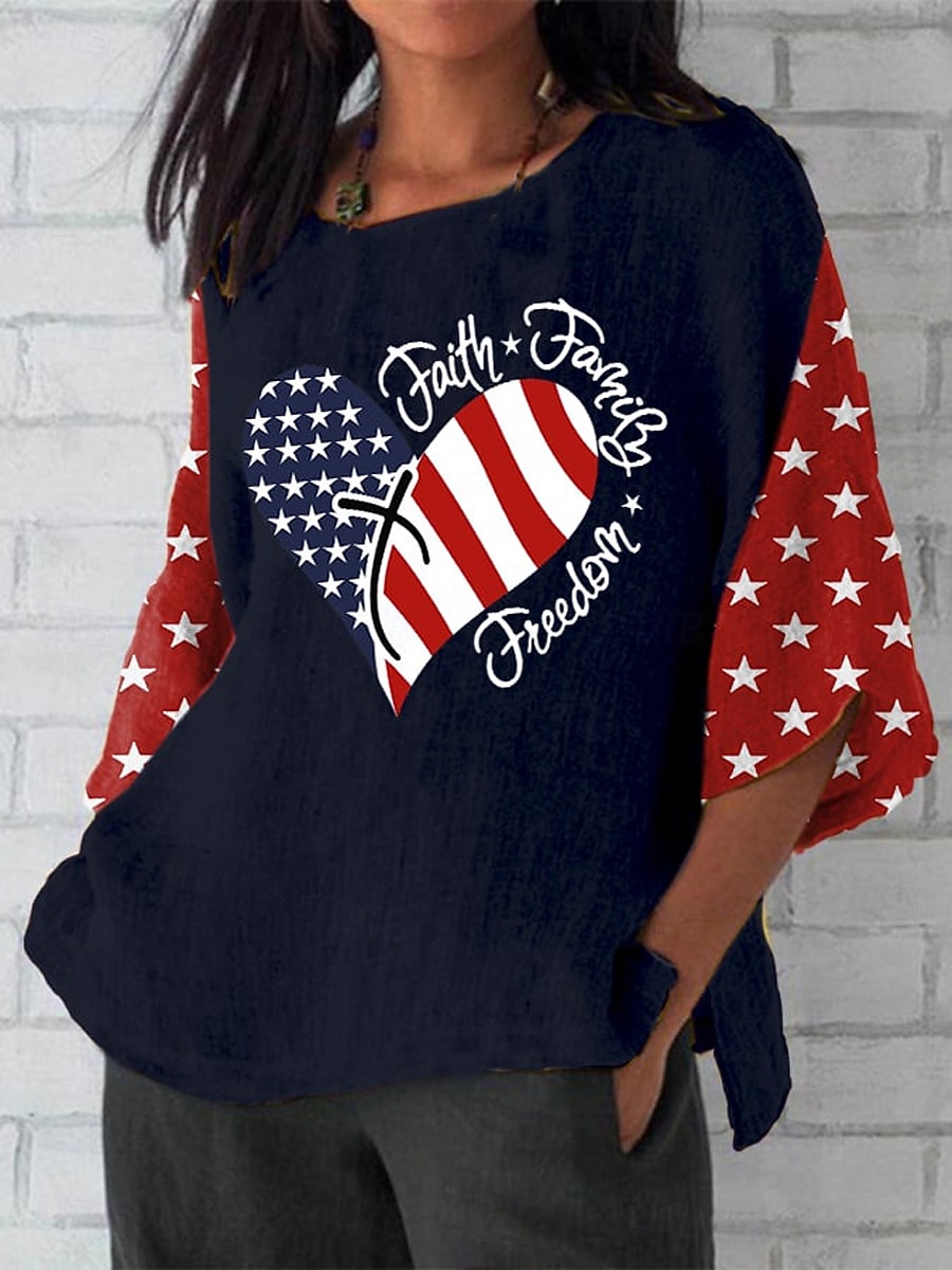 Bluzka damska na Dzień Niepodległości patriotyczna podobna do lnu grafika flaga boho vintage tropikalna rękaw 3/4 okrągły dekolt regularne góry codzienna wakacyjna nadruk czarna czerwona szara lato 2026 - $32.99 –P3