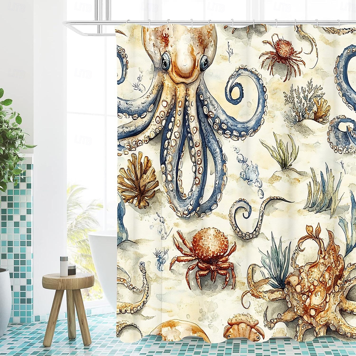 Cortina de ducha con diseño de tortuga marina y ganchos para baño, juego de decoración de baño de poliéster impermeable, paquete de 12 ganchos de plástico 2026 - $21.99 –P9