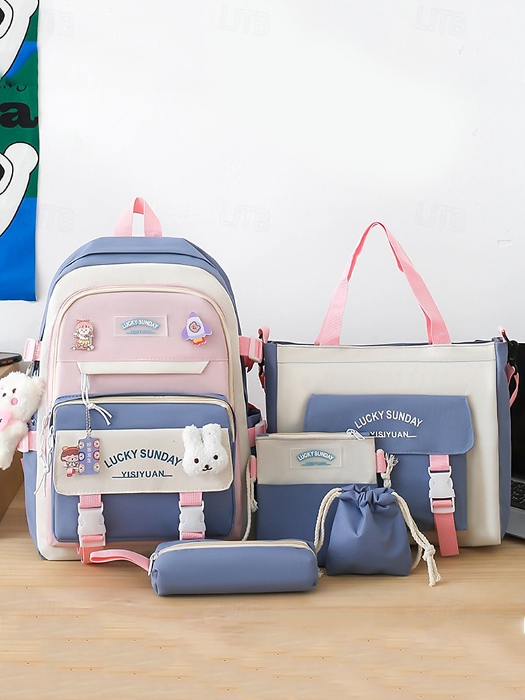 5-i-1 skolryggsäcksset med plyschberlocker, lätt nylon, kawaii-stil, för flickor och tonåringar, perfekt för skolan och dagligt bruk 2025 - $26.99 –P6