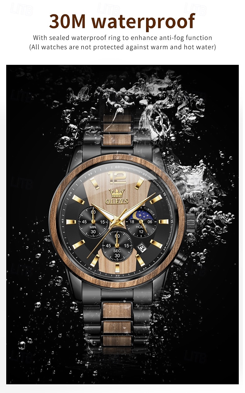 OLEVS 3645 Heren Horloge Top Merk Business Originele Kwarts Horloge Massief Hout Multifunctionele Chronograaf Maanfase Horloge 2026 - $62.99 –P12