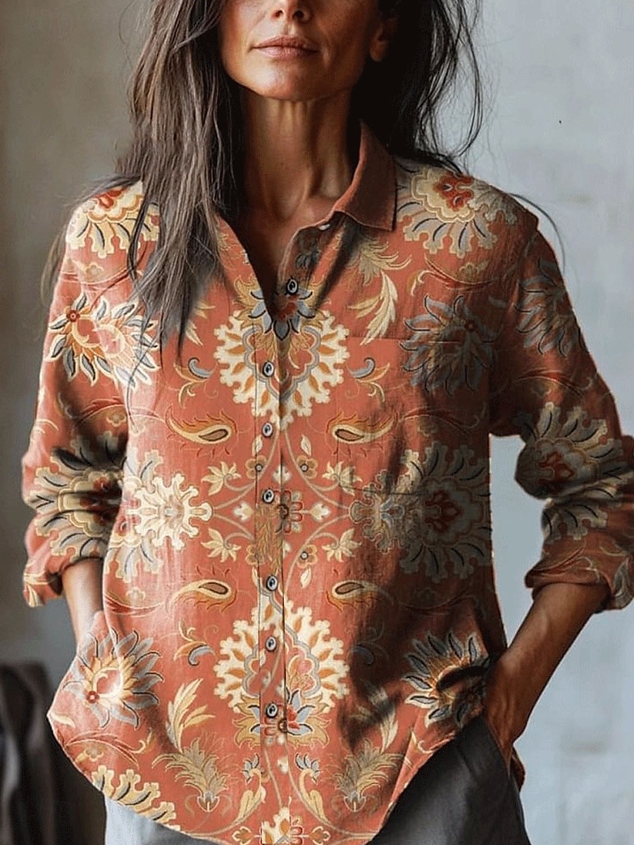 Damenhemd Langarm Bluse Knopfdown Blumenmuster Grafik Vintage Stilvoll Lässig Hemdkragen Reguläre Oberteile Arbeit Täglich Urlaub Knöpfe Taschen Druck Schwarz Rot Orange Grün Frühling Herbst 2025 - $32.99 –P4