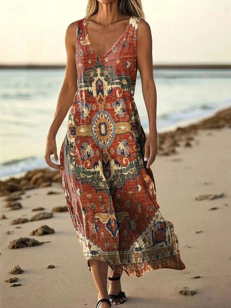 Women's Long Dress Maxi Dress Casual Dress Tank Dress Summer Dress African Daily Holiday Beach Regular Fit Floral Sleeveless V Neck Wine Burgundy Navy Blue Blue Summer 2025 - $20.99 –P7