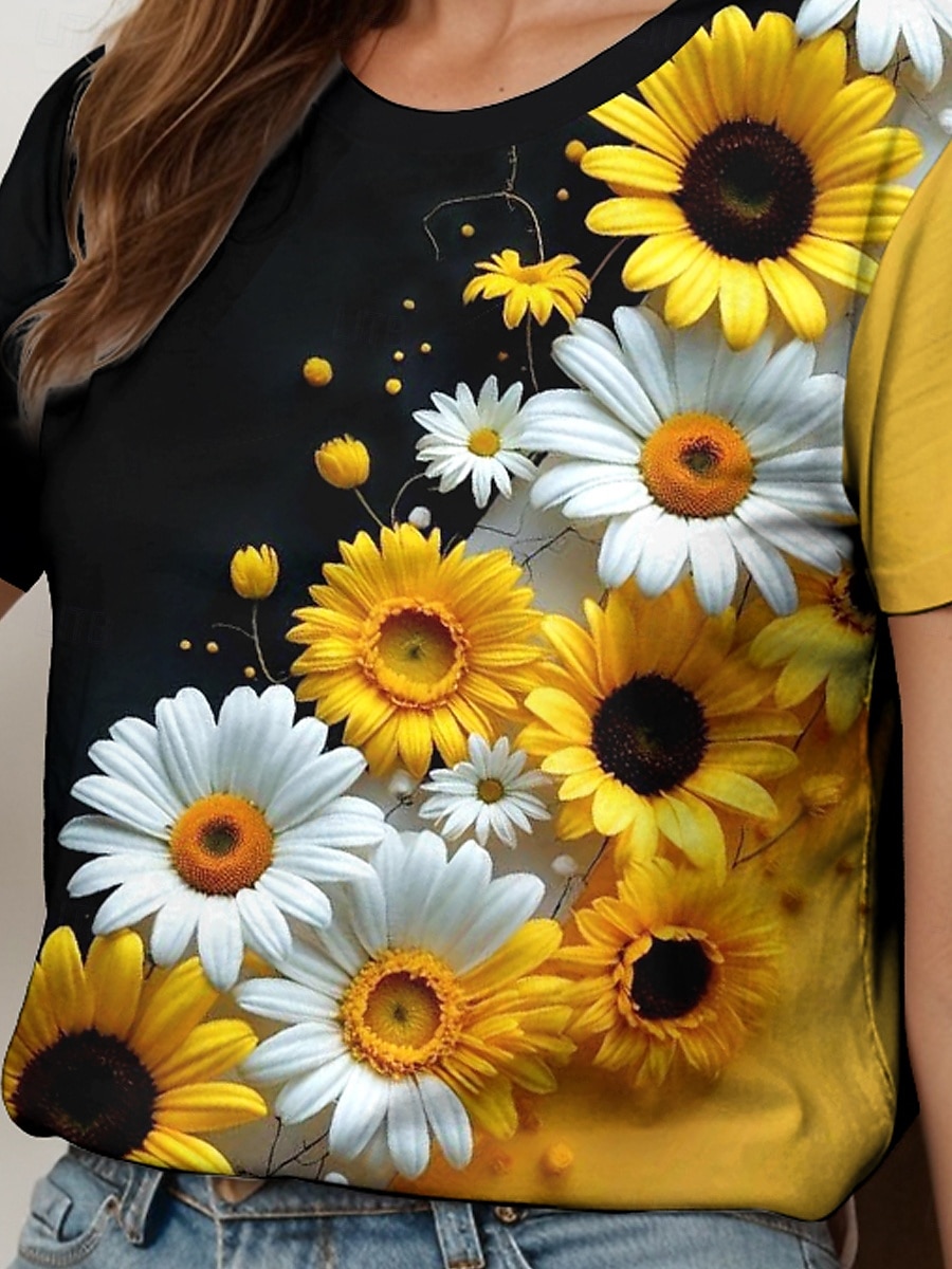 Femmes T-shirt Fleuri Graphique Plantes ancien Élégant Classique Manche Courte Col ras du cou Col rond Hauts Réguliers Quotidien Imprimé Noir et blanc Jaune Bleu Violet Fuchsia Été Printemps de 2025 ? $21.99 –P4