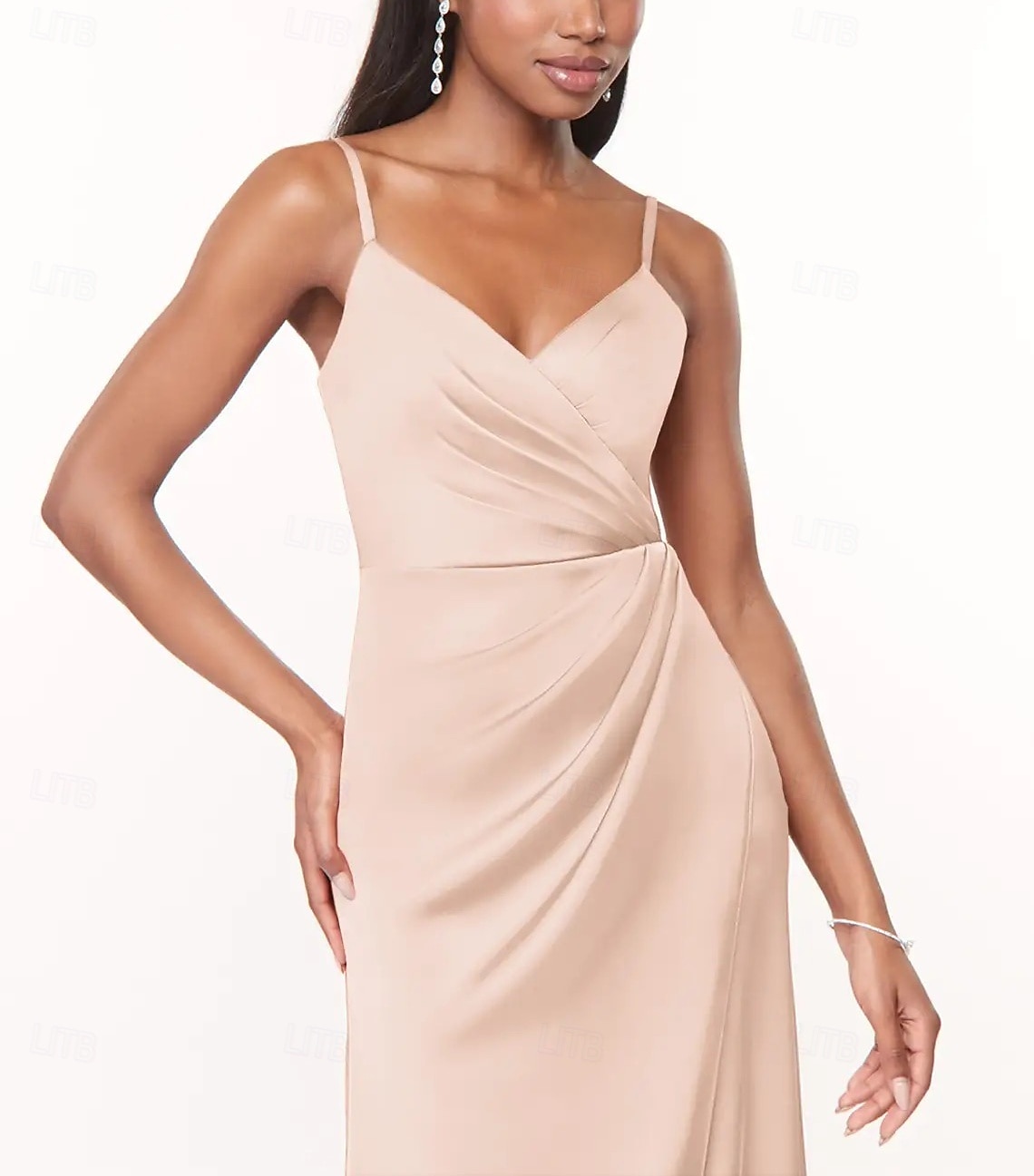 A-Line Bridesmaid Dress V Neck / Spaghetti Strap Sleeveless Elegant Floor Length Charmeuse with Split Front / Ruching 2025 - $152.99 –P4