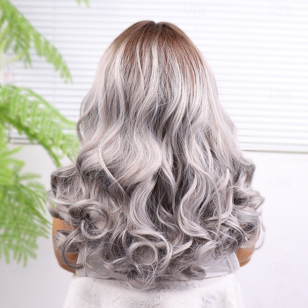 Parrucca in pizzo sintetico Ricci profondi Stile 16 pollice Grigio Riga centrale 13x4 Fronte in Pizzo Parrucca Per donna Parrucca Grigio argento del 2025 a $66.99 –P5