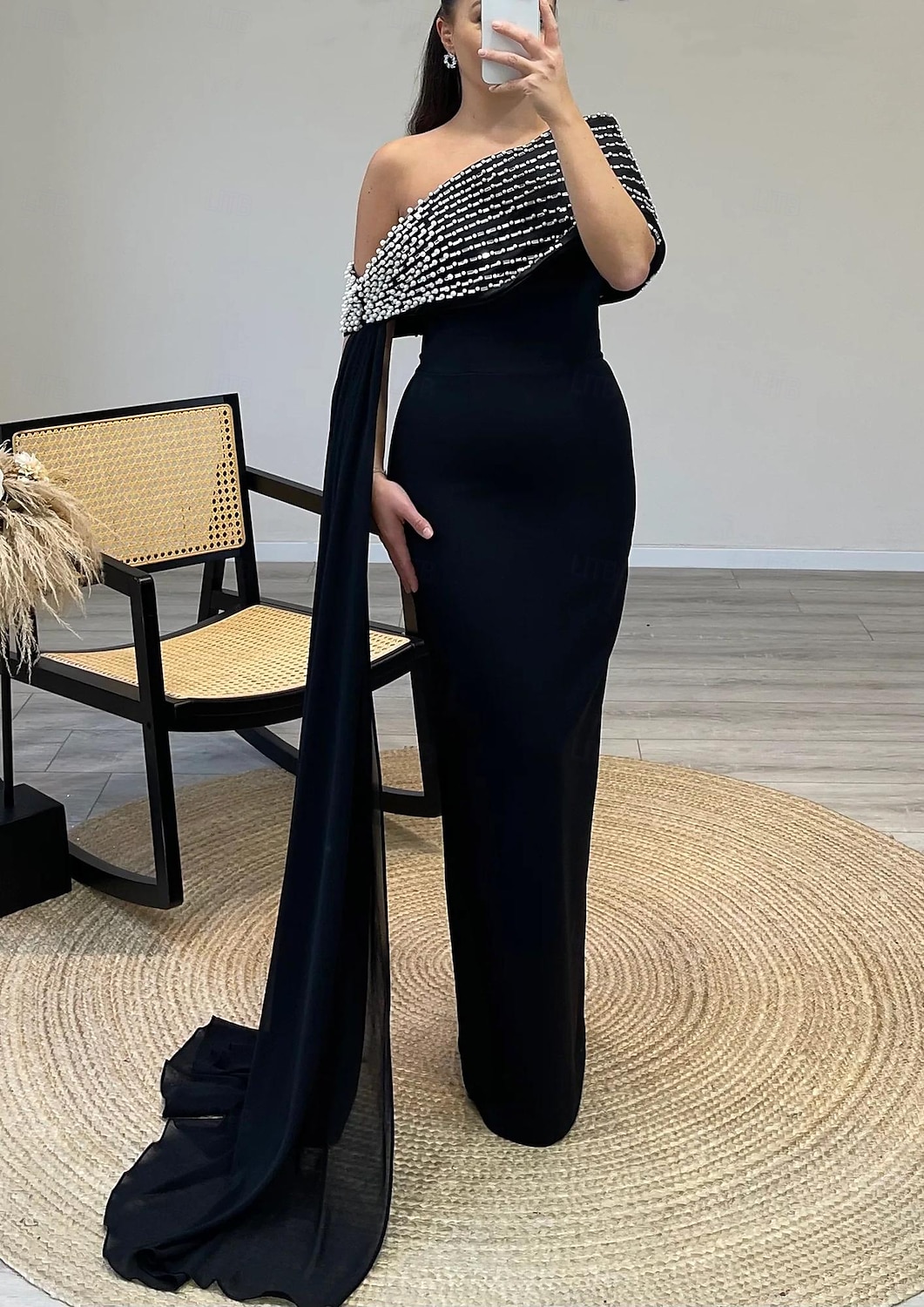 Robe de soirée élégante en crêpe extensible à col montant et manches courtes, longueur au sol, avec cristaux scintillants, style invité de mariage, 2025 de 2025 ? $175.99 –P2