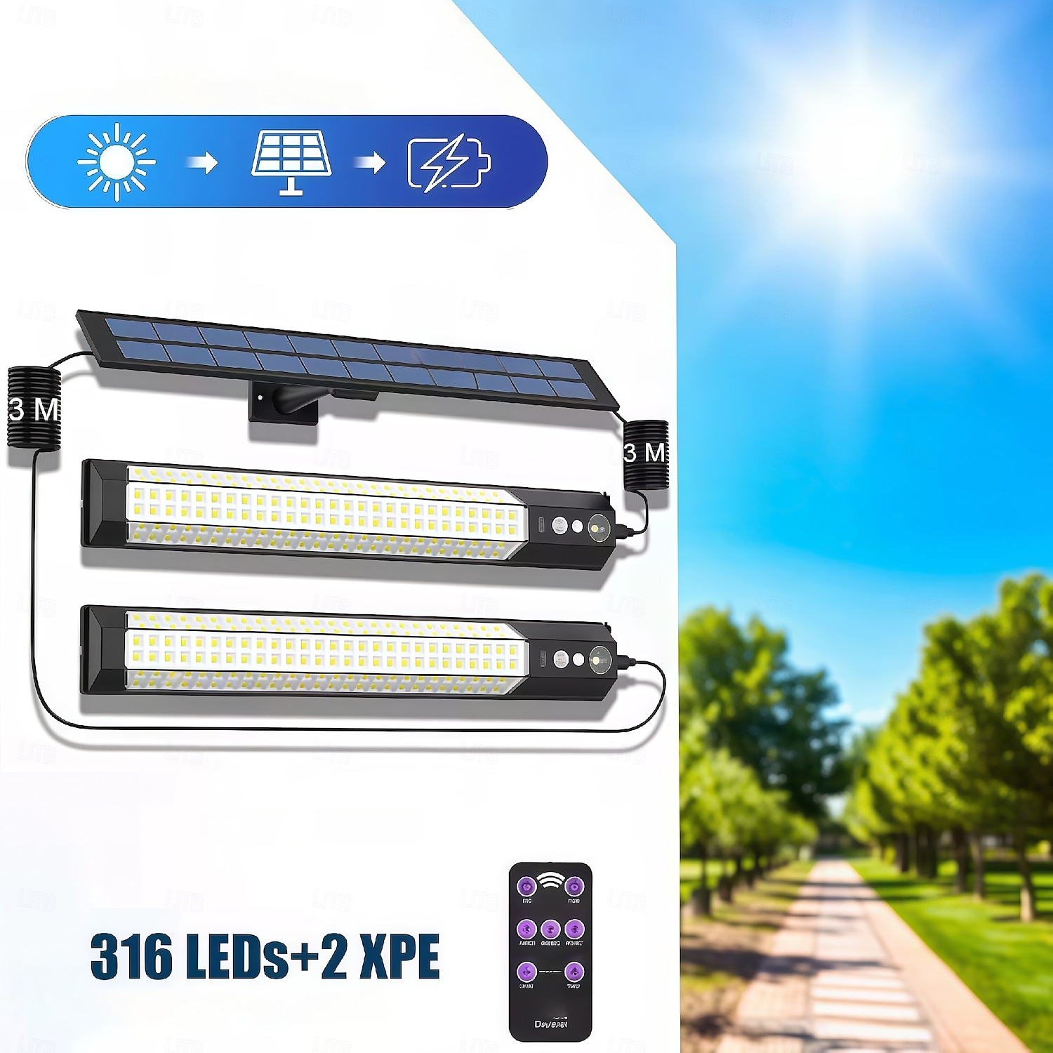 316led buitenzonnestraatverlichting met 3 meter kabel, led split landschap patio tuinverlichting met afstandsbediening, camping buitenzonneschijnwerper, zonne-energie, USB-oplaadbaar, 1 stuk 2025 - $32.99 –P2