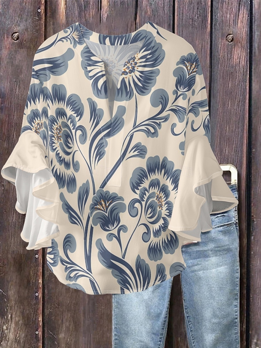 Femmes Chemisier Fleuri Élégant Moderne Manche 3/4 Col en V Hauts Réguliers Quotidien Fête A Volants Imprimé Rose Claire Bleu Vert Abricot Été de 2025 ? $22.99 –P3