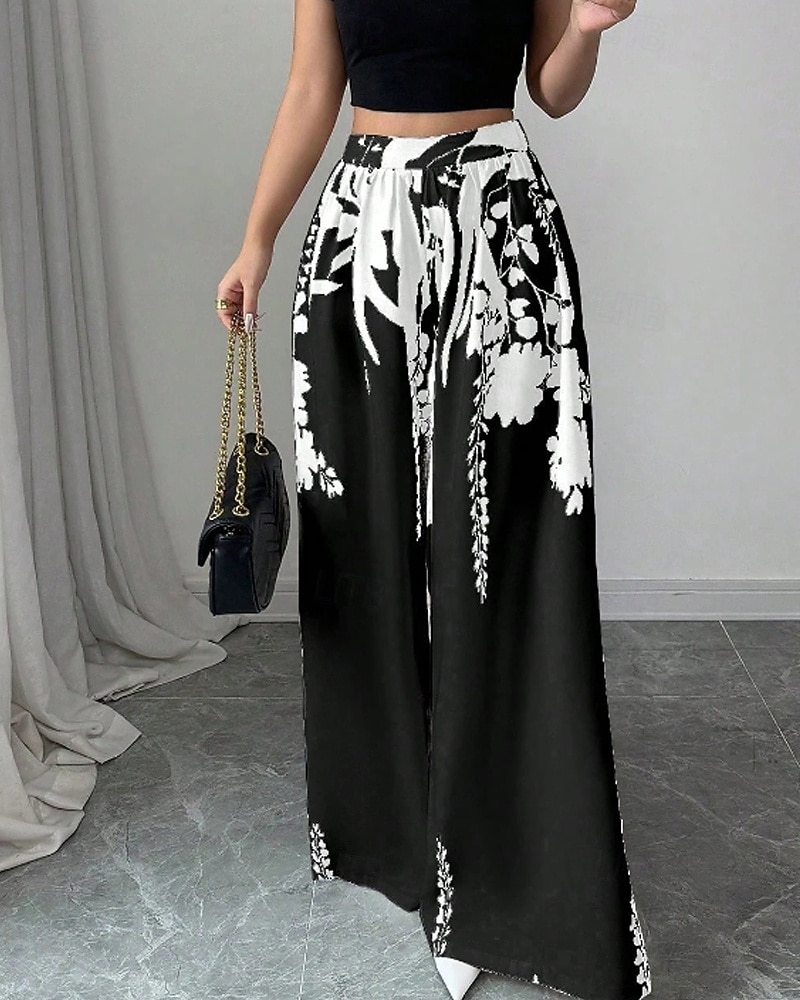 Women's Wide Leg Slacks Streetwear Casual Full Length Natural Flower Elastic Waist Printing Comfy Outdoor Comfortable Holiday Weekend Black White Fall Regular Fit 2026 - $24.99 –P4