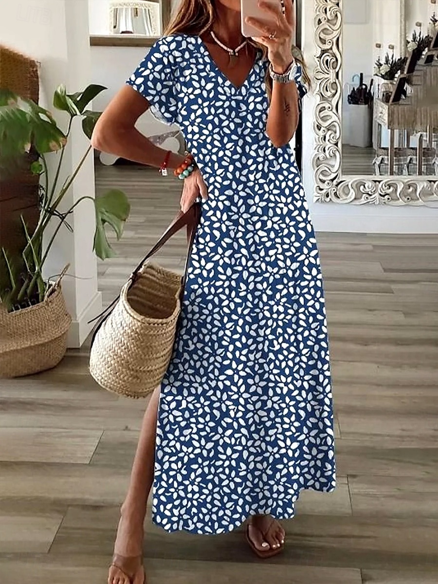 Femmes Robe maxi Robe Décontractée Robe d'Été Robe trapèze Élégant Vacances Occasionnel Fête Plage Coupe régulière Fleuri Graphique Manche Courte Col en V Blanche bleu marine Été Printemps de 2025 ? $28.99 –P4