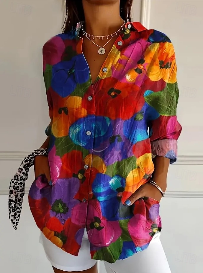 Women's Shirt Floral Graphic Abstract Vintage Tropical Daily Long Sleeve Shirt Collar Regular Tops Work Daily Holiday Buttons Print Red Blue Orange Green Summer Spring 2025 - $32.99 –P4