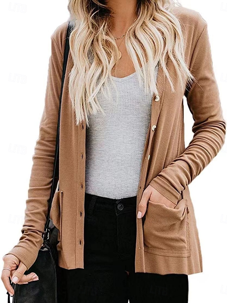 Dames Vrijetijdsjas Ademend Comfortabel Knop Zak Casual Effen Vakantie Straat Casual Alledaagse kleding Enkele rij knopen Normaal V-hals Normale pasvorm Lange mouw bovenkleding Wit Blozend Roze Khaki 2025 - $19.99 –P2