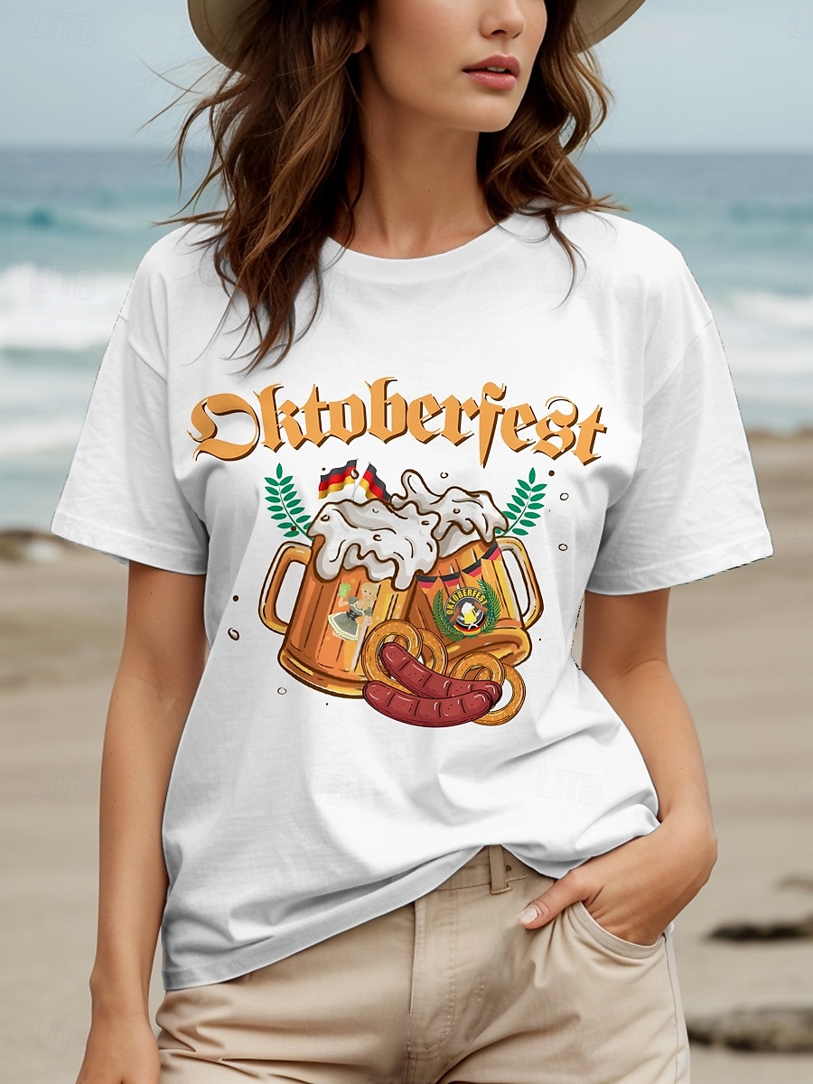 Fête d'Octobre Femmes T-shirt Graphique Lettre ancien Élégant Classique Manche Courte Col ras du cou Col rond Hauts Réguliers Quotidien Week-end Imprimé Noir Blanche Jaune Rouge Bleu Été Printemps de 2025 ? $19.99 –P1