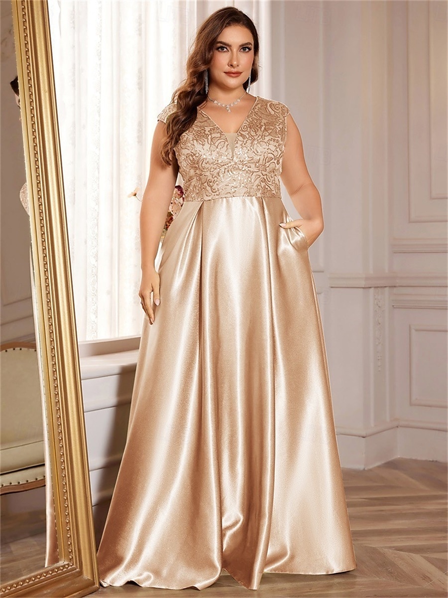 Robe A-Line Grande Taille Élégante Robe Courbe De Mariage Formelle Longue Au Sol Manches Courtes Col en V Satin Dos Nu Avec Plis 2025 de 2025 ? $119.99 –P1