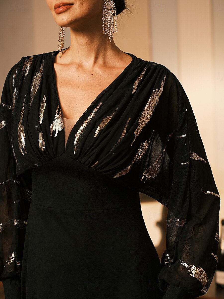 Women's Long Dress Sheer Feather Print Sleeves V-neck Black Festive Party Elegant Maxi Winter Fall Clothing Apparel 2025 - $99.99 –P2