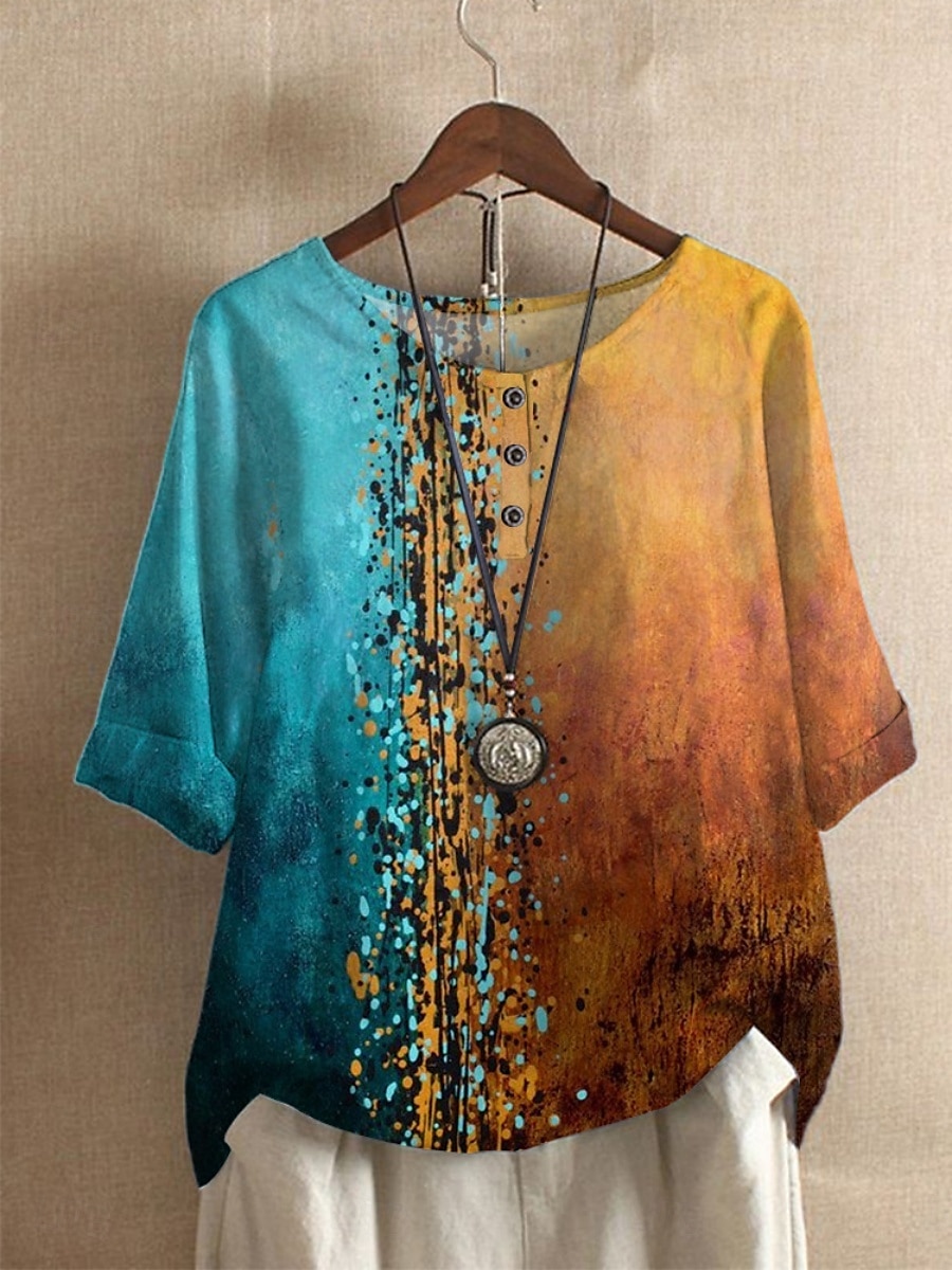 Per donna Camicie di cotone e lino Floreale A righe Essenziale Casual Mezza Manica Girocollo Top Regolari Quotidiano Stampato Nero Bianco Blu Azzurro cielo Verde Estate del 2025 a $17.99 –P2