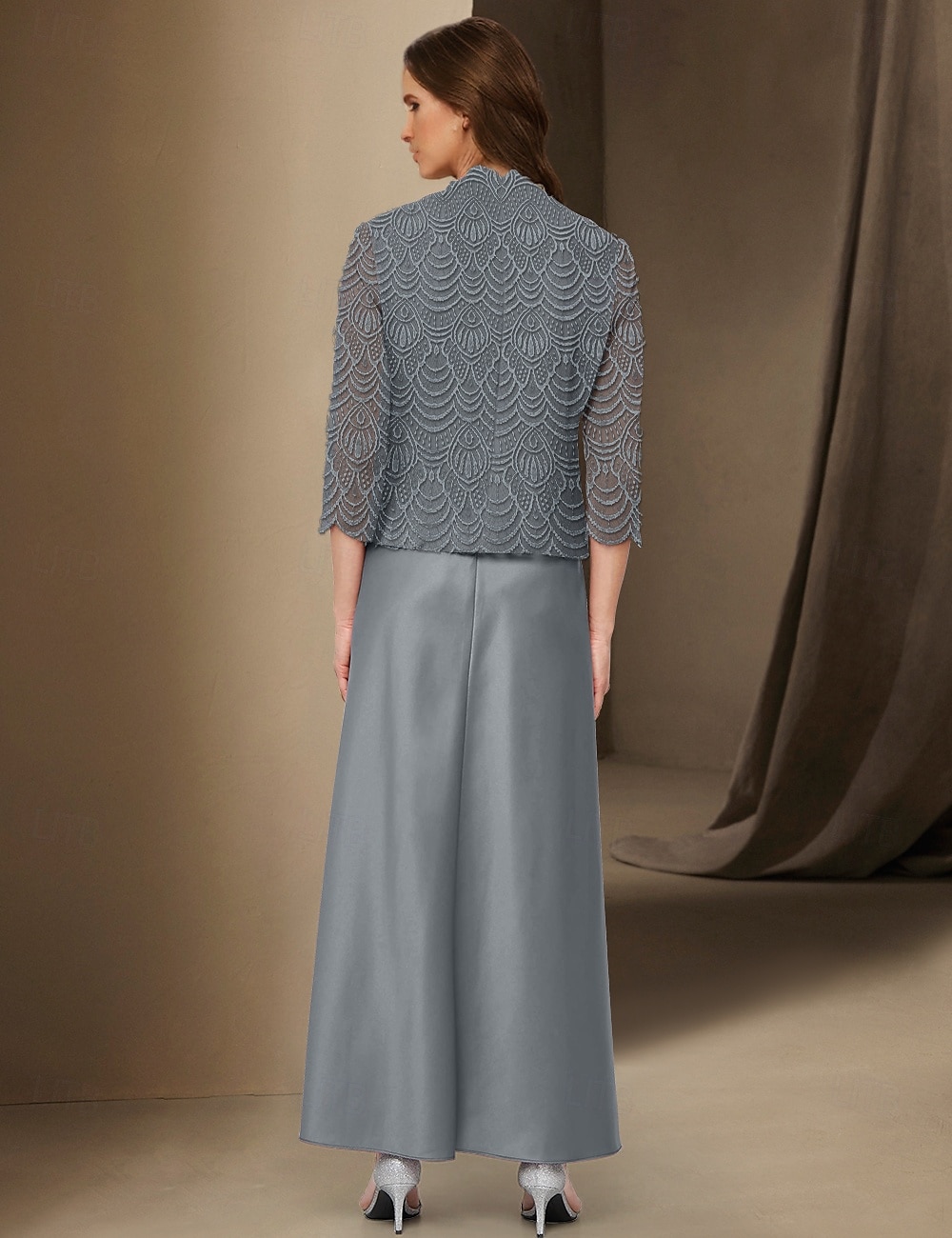 A-Linie 3-teiliges Kleid für die Brautmutter, elegant, schlicht, lässig, U-Boot-Ausschnitt, knöchellang, Satin, lange Ärmel mit Spitze 2025 2025 - $139.99 –P6