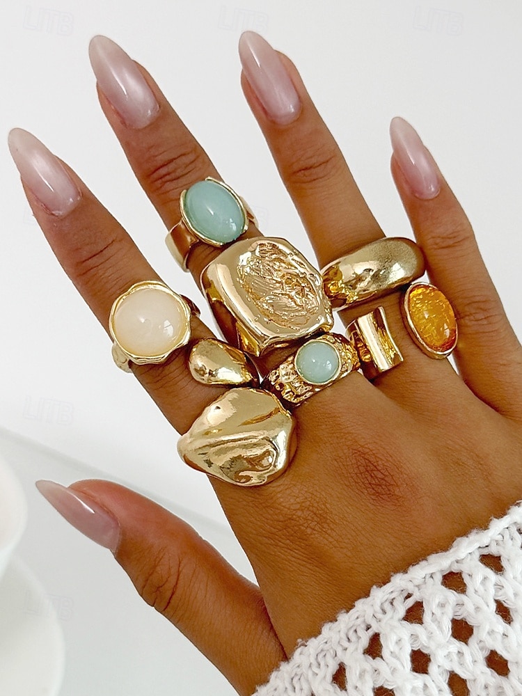 Damesett med vintage edelstener i gull – sett med flere statement-ringer med klumpete tekstur og fargerike harpiks-edelstener, egnet for kontor, vintage-mote, fest og hverdagsstil 2025 - $11.99 –P9