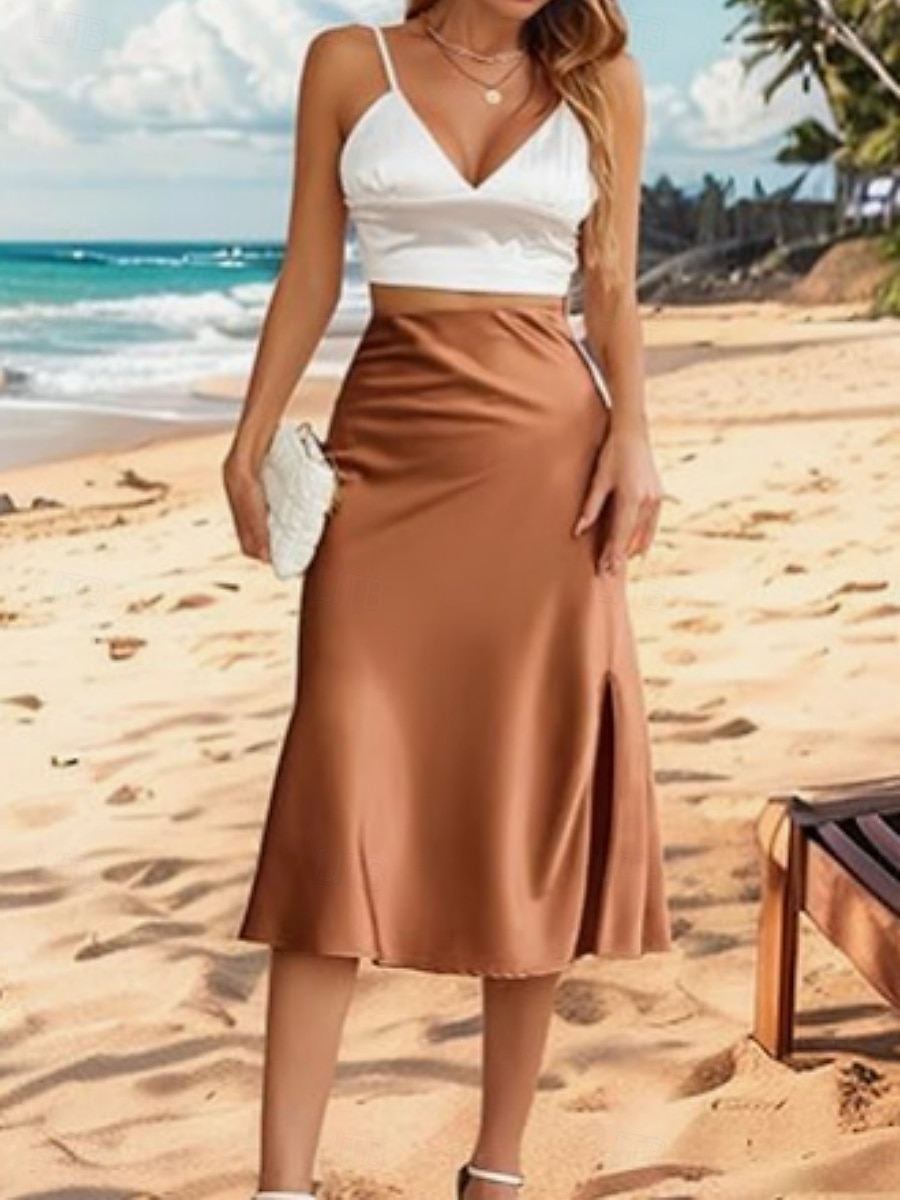 Damen Rock Mode Lässig Maxi Hohe Taille Röcke Einfach Mikroelastisch Straße Täglich Schwarz Wein Dunkelgrün Kamel Sommer Satin 2025 - $22.99 –P6