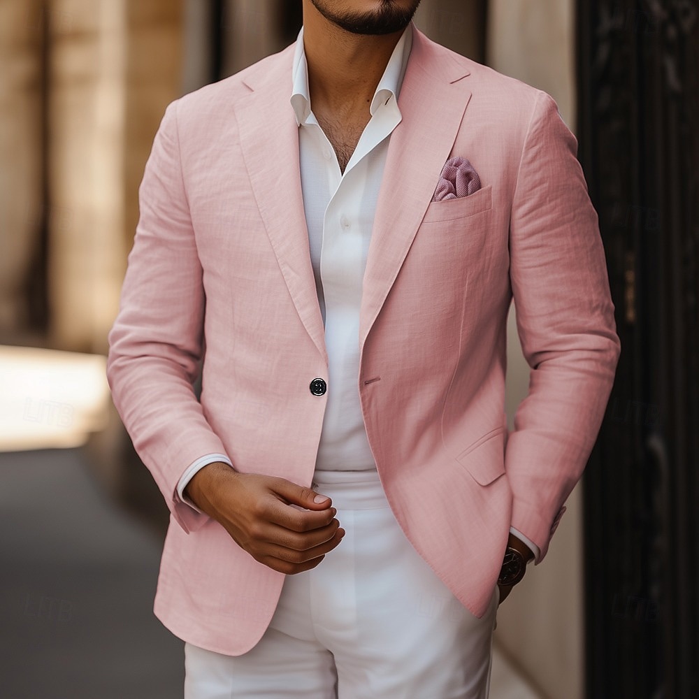 Herren Leinenblazer Sport Jacke Notch-Kragen Mode Lässig Einfarbig Leinenblazer Rosa Leicht Blau Standard Passform Einreihig Ein-Knopf 2025 - $75.99 –P3
