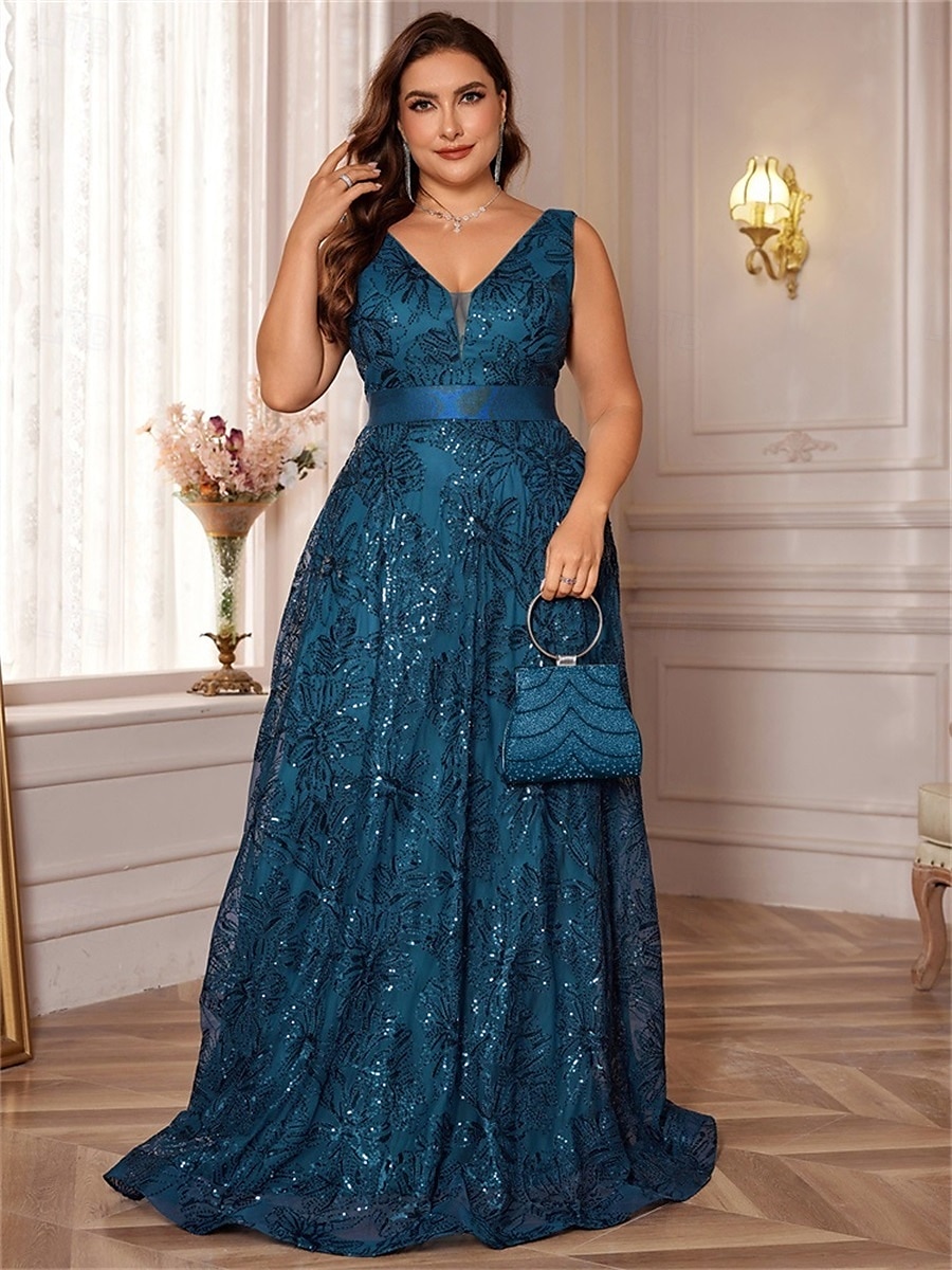 A-Linie Plus Size Kleider Elegantes Kurvenkleid Formelles Hochzeitskleid Bodenlang Ärmellos V-Ausschnitt Spitze mit Pailletten 2025 2025 - $109.99 –P9