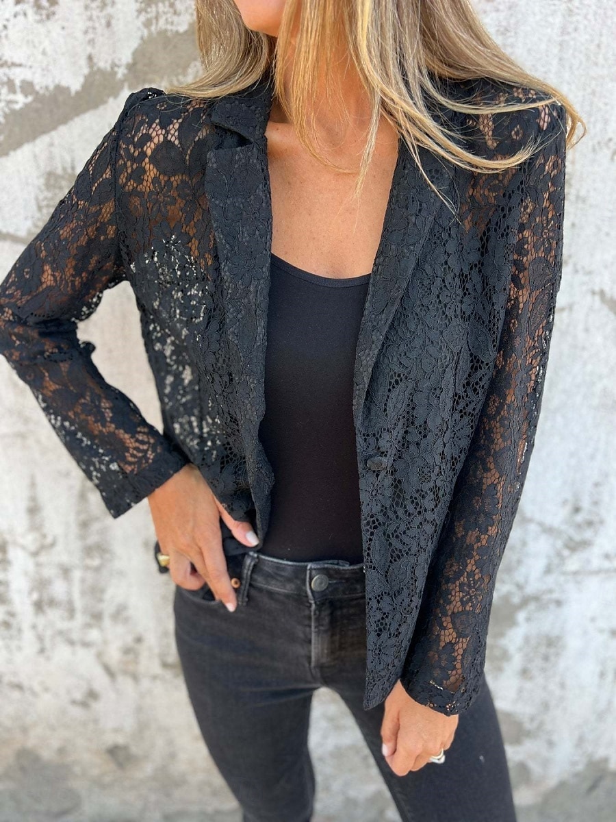 Mujer chaqueta Transpirable Cómodo Encaje Retazos Casual Plano Oficina Calle Casual Ropa Cotidiana Frente Abierto Regular Cuello Vuelto Ajuste regular Manga Larga Ropa de calle Negro Blanco Verano 2025 - $32.99 –P3
