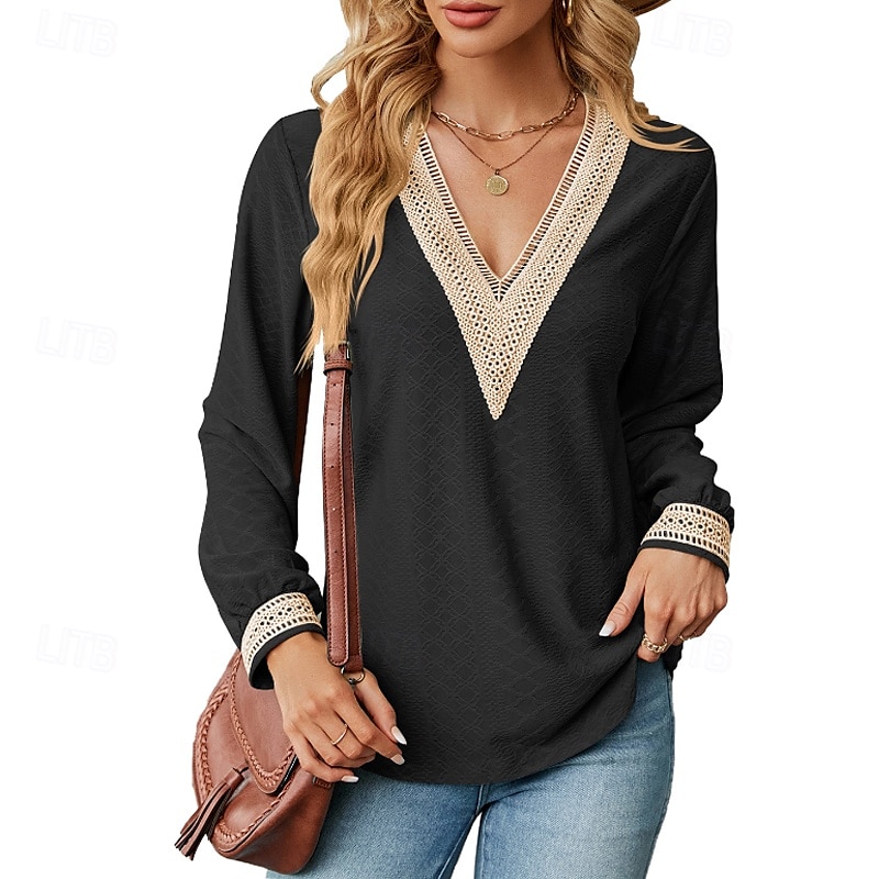 Damen Bluse Farbblock Modern Lässig Langarm V Ausschnitt Normale Oberteile Täglich Ferien Patchwork Gras-Grün Erröten Sie Rosa Schwarz Rosa Wein Sommer 2025 - $21.99 –P2