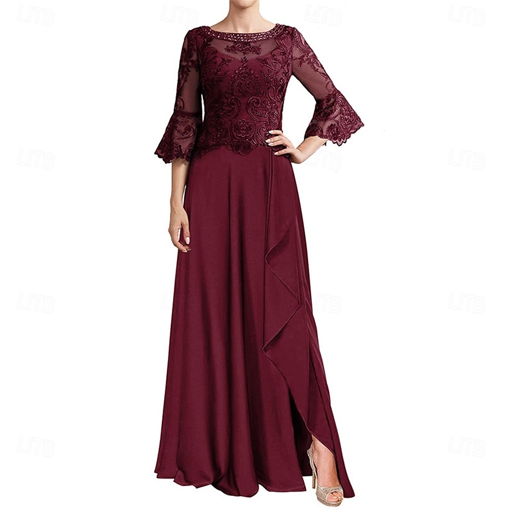 A-Line Mother of the Bride Dress Elegant Crew Neck Floor Length Chiffon Long Sleeve with Solid Color 2025 - $119.99 –P10